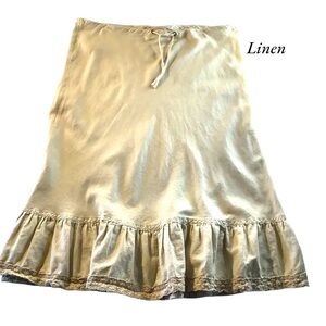 Linen MIDI Ruffle A-Line Full Khaki Tan Drawstring Size Small Skirt